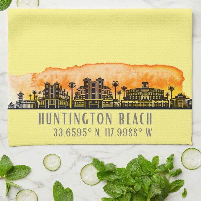 Huntington Beach City Silhouette Geschirrtuch (Gefaltet)