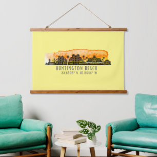 Huntington Beach City Silhouette Wandteppich Mit Holzrahmen