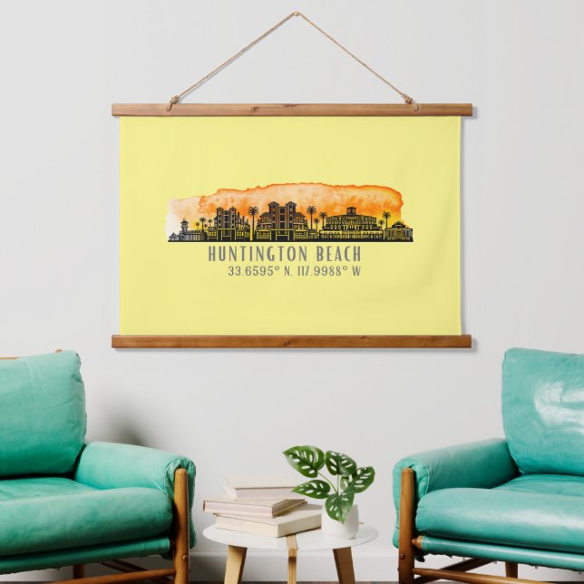 Huntington Beach City Silhouette Wandteppich Mit Holzrahmen (Wohnzimmer)