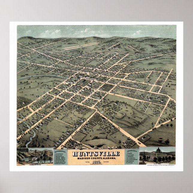 Huntsville, AL Panoramic Map - 1871 Poster (Vorne)