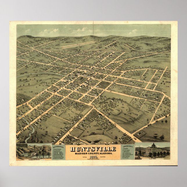 Huntsville Alabama 1871 Antike Panoramakarte Poster (Vorne)