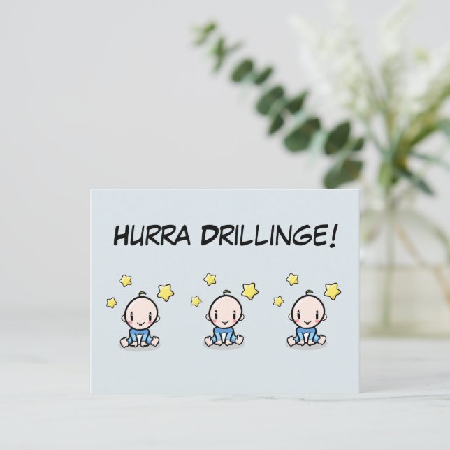 Hurra Drillinge, Glückwunsch Geburt, 3 Jungs,   Postkarte (Stehend Vorderseite)
