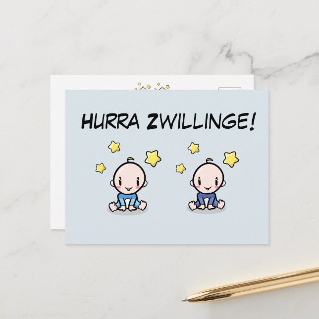 Hurra Zwillinge, Glückwunsch Geburt, 2 Jungs,   Postkarte (Vorderseite/Rückseite Beispiel)