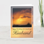 Husband Birthday, Bright Sun Dark Clouds. Karte<br><div class="desc">Happy Birthday Husband,  deep orange sun glowing d dark,  wispy rain clouds with black text saying,  'Happy Birthday to a wonderful husband'</div>