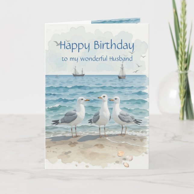 Husband Birthday, Romantic, Seagull Beach, Shore Karte (Vorderseite)