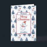 Husband Christmas Snowman Feiertagskarte<br><div class="desc">Eine schöne Weihnachtskarte für den Ehemann. Niedliche Schneemänner mit roten Weihnachtsmannmützen und Schals und schneebedeckte blauschneebedeckte Tannenbäume auf schneebedecktem Hintergrund. Alle Texte können nach Bedarf geändert werden, um sie anzupassen und dann mit einem Namen und einer Insider-Nachricht zu personalisieren. Eine schöne Karte für einen Ehemann, Bruder, Sohn, Enkel, Neffe, Opa...</div>