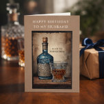 Husband Happy Birthday im Alter bis zur Perfektion Karte<br><div class="desc">Alles Gute zum Geburtstag für ihn. Herzlichen Glückwunsch zum Geburtstag zu meinem Mann grüßen über einer Aquarell-Abbildung einer eleganten Whisky-Flasche in Blautönen neben einem Glas Whiskey mit verzierten Details Set auf Holz. Der auf Perfection zentrierte Text in einem neutralen, beigen Aquarellhintergrund und einem schwarzen Rahmen vergrößert die Illustration. Fester Hintergrund...</div>