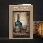 Husband Happy Birthday im Alter bis zur Perfektion Karte<br><div class="desc">Alles Gute zum Geburtstag für ihn. Herzlichen Glückwunsch zum Geburtstag zu meinem Mann grüßen über einer Aquarell-Abbildung einer eleganten Whisky-Flasche in Blautönen neben einem Glas Whiskey mit verzierten Details Set auf Holz. Der auf Perfection zentrierte Text in einem neutralen, beigen Aquarellhintergrund und einem schwarzen Rahmen vergrößert die Illustration. Fester Hintergrund...</div>