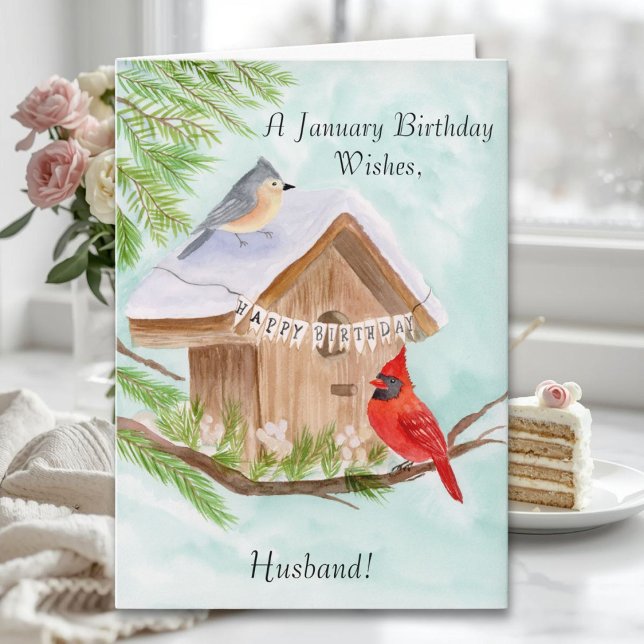 Husband  Happy January Birthday Birds Karte (Von Creator hochgeladen)