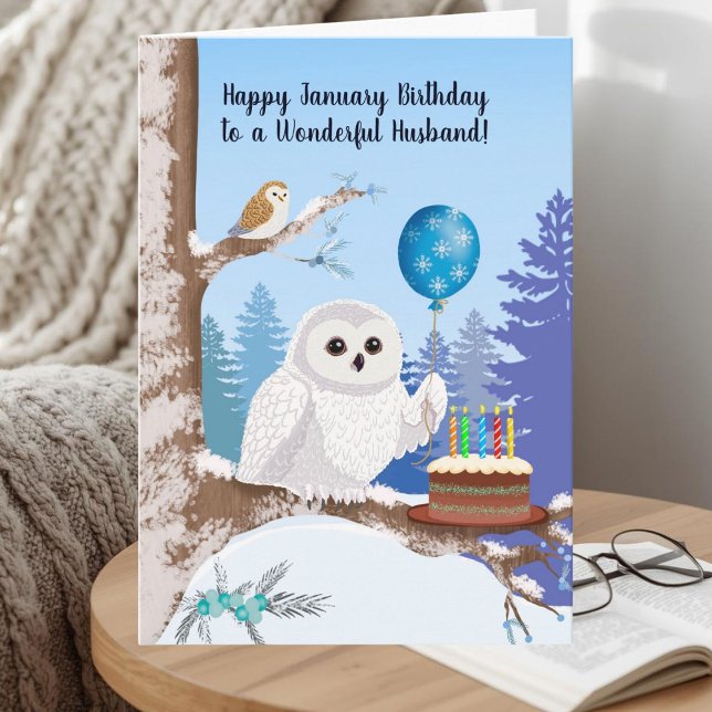 Husband Happy January Birthday Snowy Owl Karte (Von Creator hochgeladen)