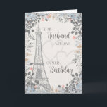 Husband Romantic Birthday Eiffel Tower Karte<br><div class="desc">Die romantische Karte zum Geburtstag des Ehemannes hat eine blau-graue Blumengrenze,  eine Skizze des Eiffelturms und zwei subtile Herzen im Hintergrund. Entworfen von Simply Put by Robin; Elemente aus dem Hungry Jpeg.</div>