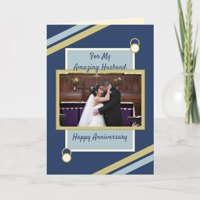 Husband Wedding Jubiläum Blau Gold Foto Karte (Vorderseite)