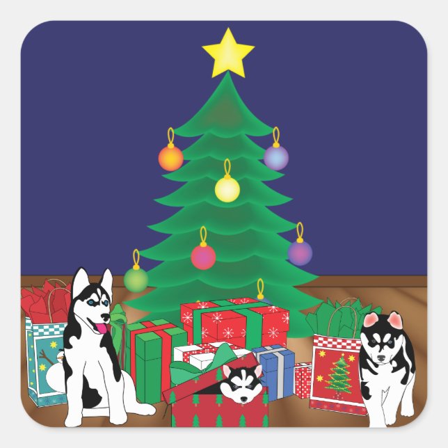 Huskies, die unter der Weihnachtsbaumkarte spielen Quadratischer Aufkleber (Vorderseite)