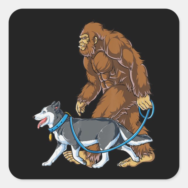 Husky | Bigfoot Dog Walk Siberian Husky Sasquatch Quadratischer Aufkleber (Vorderseite)