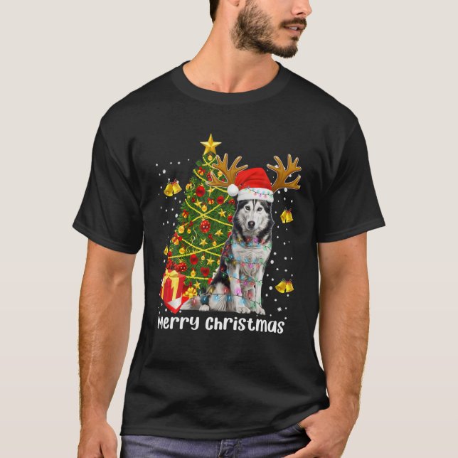 Husky Christmas Lights Tree Santa Xmas Pajama Sibe T-Shirt (Vorderseite)