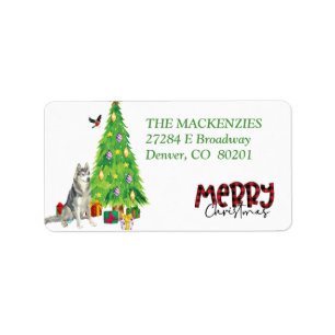 Husky Dog, Bird, Holiday Tree Rücksendeadresse Adressaufkleber