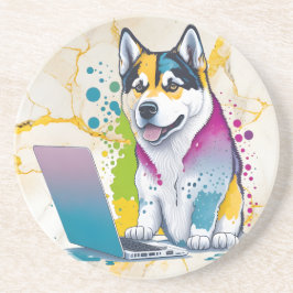 Husky Dog Computer Rainbow Watercolor Tech Savvy Getränkeuntersetzer