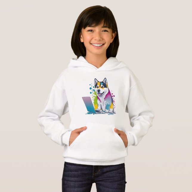 Husky Dog Computer Rainbow Watercolor Tech Savvy Hoodie (Vorne ganz)