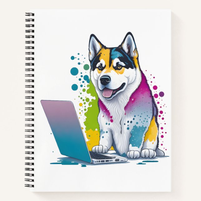 Husky Dog Computer Rainbow Watercolor Tech Savvy Notizbuch (Vorderseite)