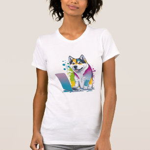 Husky Dog Computer Rainbow Watercolor Tech Savvy T-Shirt