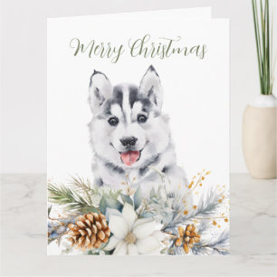 Husky Dog Floral Weihnachten Falten Grußkarte Karte