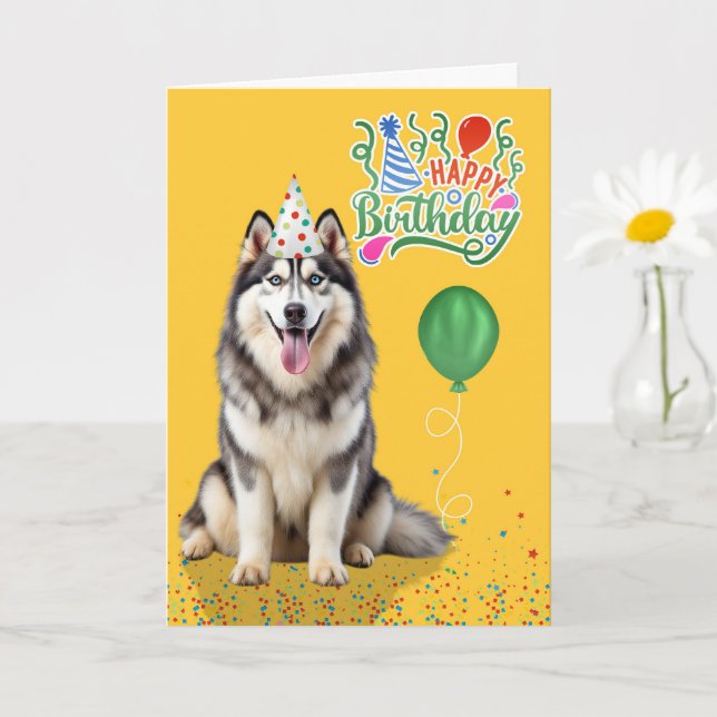 Husky Dog in a Party Hat on Yellow Birthday Karte (Kleine Pflanze)