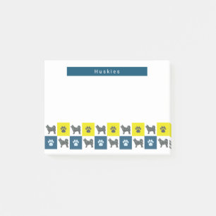 Husky Dog & Paw Yellow & Blue Grid Silhouette Post-it Klebezettel