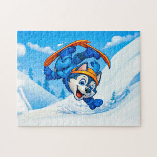 Husky dreht sich auf Skiern an einem schneebedeckt