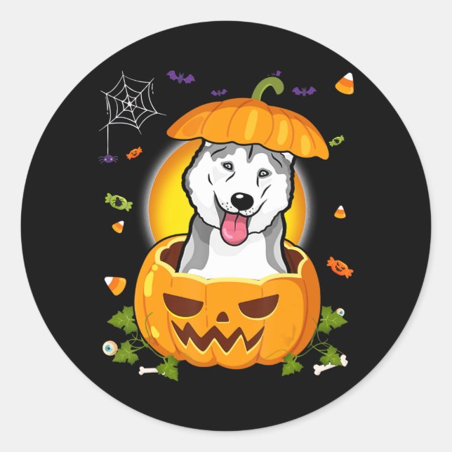 Husky-Geschenk | Halloween Dog Hexe Pumpkin Husky Runder Aufkleber (Vorderseite)