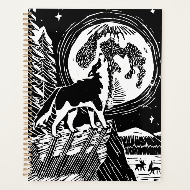 Husky Howling noir et blanc à Night Linocut (Devant)