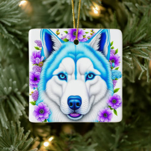 Husky-Hund mit blauen Augen und Blumen Weihnachten Keramikornament