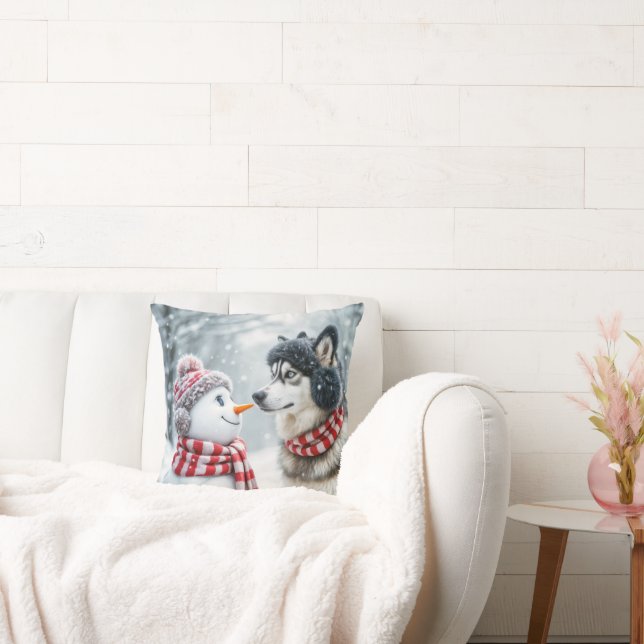 Husky Hund mit Snowman Kissen (Liege)