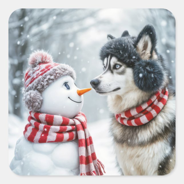 Husky Hund mit Snowman Quadratischer Aufkleber (Vorderseite)