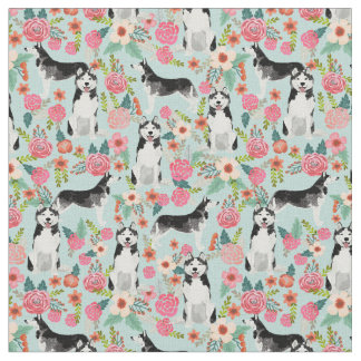 Husky Hund Vintag Blumen hellblau Stoff