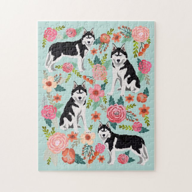 Husky-Hund Vintage-Blumen (Vertikal)
