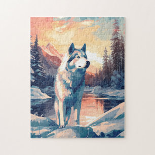 Husky im Schneewald an einem See bei Sonnenunterga