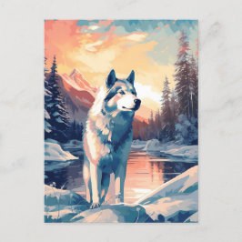 Husky im Schneewald an einem See bei Sonnenunterga Postkarte