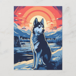 Husky im Winterwald bei Sonnenuntergang Postkarte