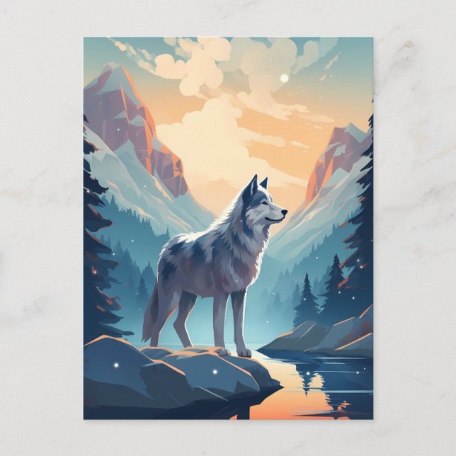 Husky in den schneebedeckten Bergen bei Sonnenunte Postkarte (Vorderseite)