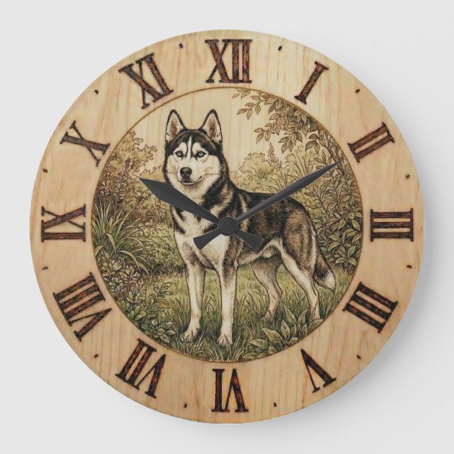 Husky in Spring Park Wall Clock Große Wanduhr (Vorderseite)