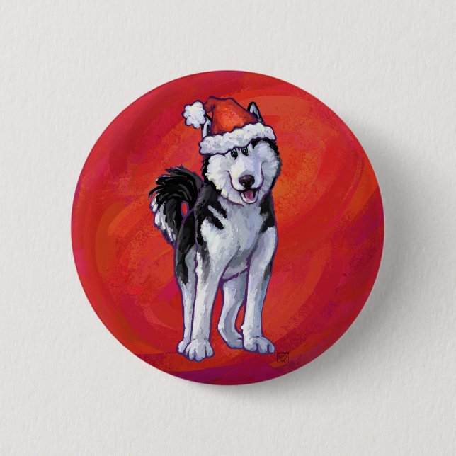 Husky in Weihnachtsmannmütze auf Rot Button (Vorderseite)