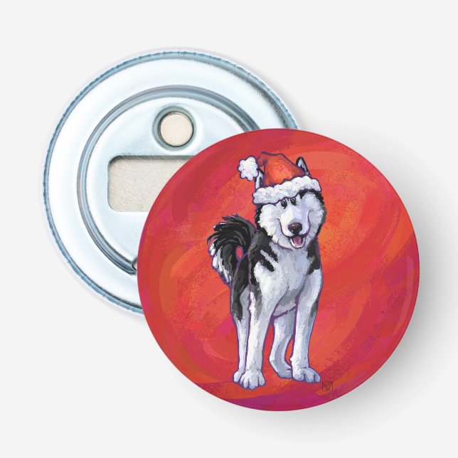 Husky in Weihnachtsmannmütze auf Rot Flaschenöffner (Vorderseite)