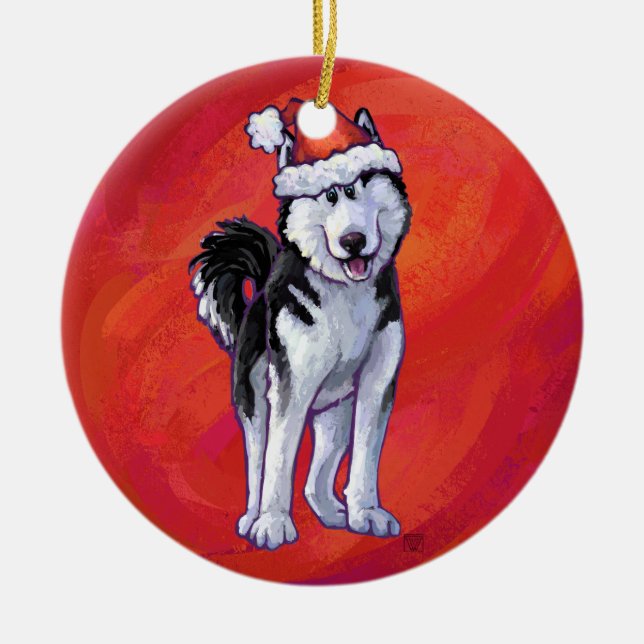 Husky in Weihnachtsmannmütze auf Rot Keramik Ornament (Vorne)