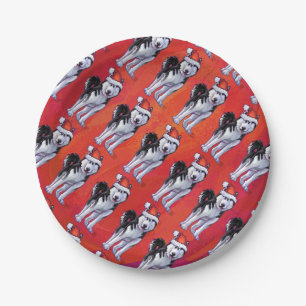 Husky in Weihnachtsmannmütze auf Rot Pappteller