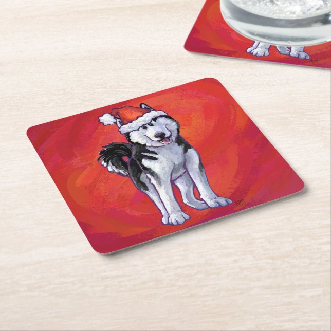 Husky in Weihnachtsmannmütze auf Rot Rechteckiger Pappuntersetzer (angewinkelt)