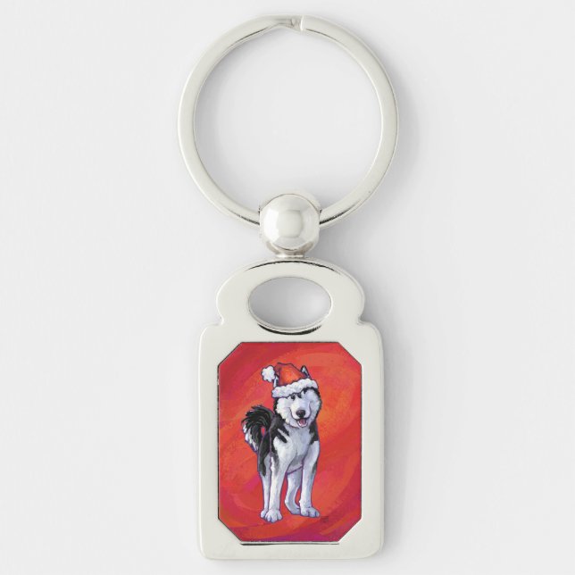 Husky in Weihnachtsmannmütze auf Rot Schlüsselanhänger (Vorderseite)