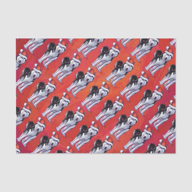 Husky in Weihnachtsmannmütze auf Rot Seidenpapier (Vorderseite)