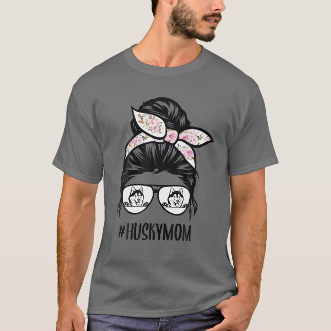 Husky Mama Messy Bun Haar Brille, Sibirien Huskies T-Shirt (Vorderseite)