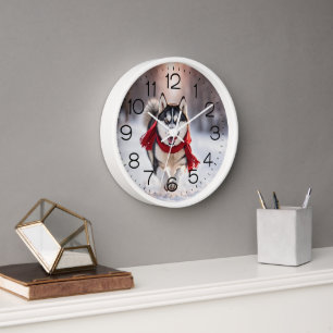 Husky mit rotem Winterschal Uhr