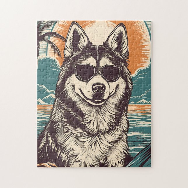 Husky mit Sonnenbrille am Strand (Vertikal)